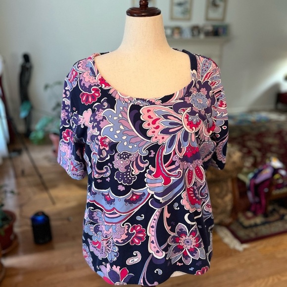 Talbots 2X Paisley Multi Colored Short Sleeve Top - Picture 4 of 5